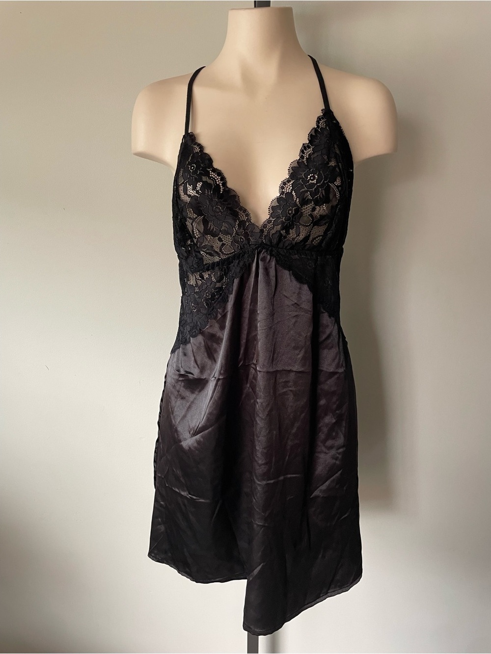 Avidlove Lace & Satin High Slit Chemise Nightgown Slip Dress Black Goth Gothic
